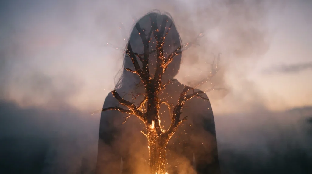 Bir insanın silüetinin içinde kök salmış, dalları alevler içinde kalan bir ağaç illüstrasyonu.