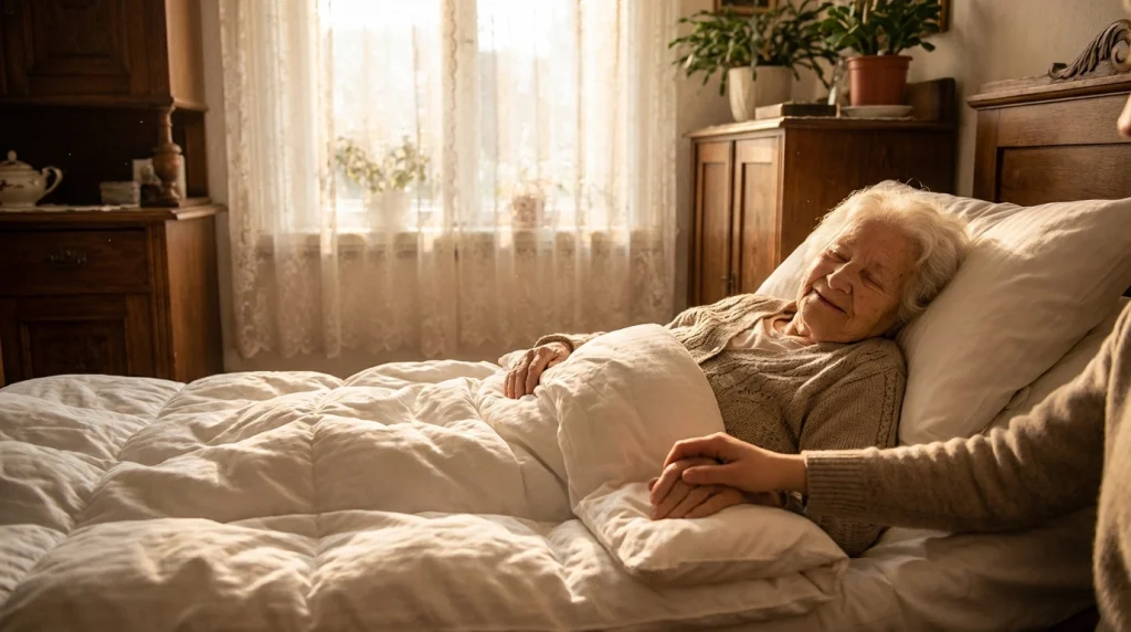 Beyazlar içinde huzurla uyuyan bir yaşlı kadın ve başucunda dua eden genç bir figür; rüyada anneannenin vefatının manevi huzurunu temsil eder.