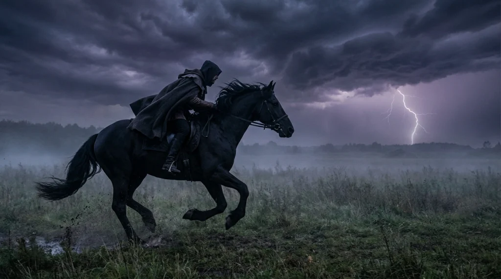 Siyah bir atın üzerinde fırtınalı bir havada koşturan kişi, rüyada kazanılacak büyük güç ve itibarı simgeler.