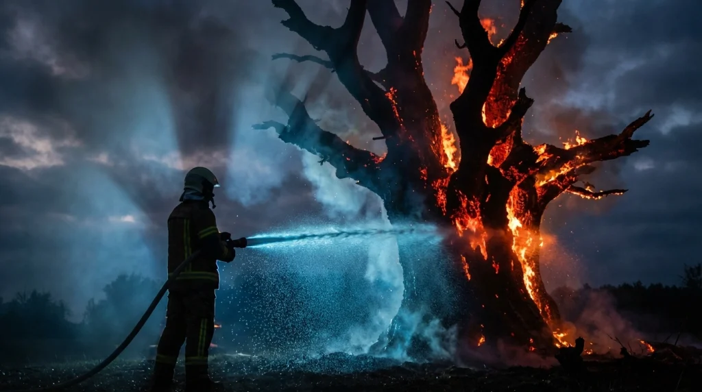 Yanan devasa bir ağacı suyla söndürmeye çalışan bir gölge ve alevlerin arasından çıkan su damlalarının parıltısı.
