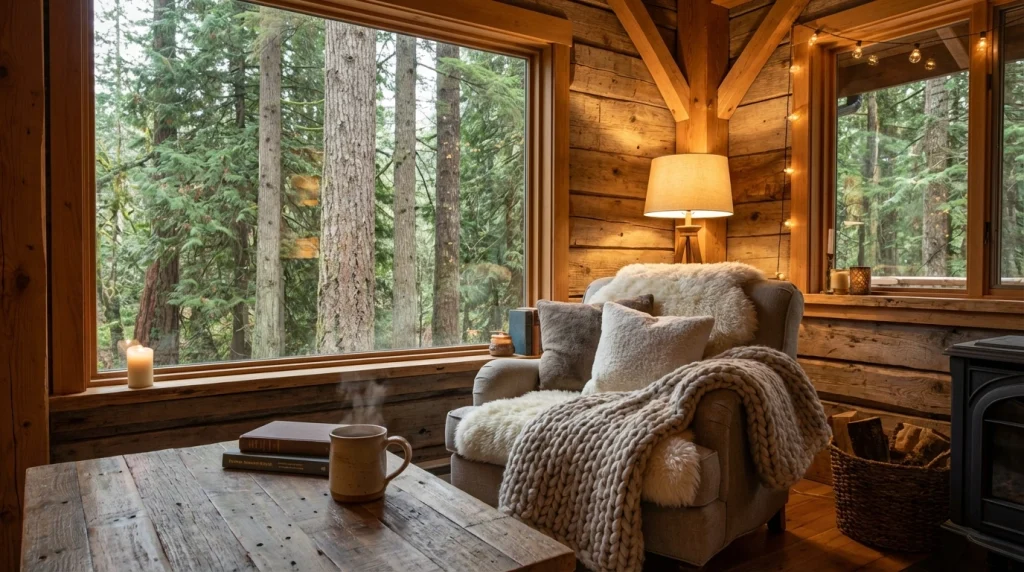 Ahşap evin içinden dışarıdaki doğayı gören, kitaplar ve tütsüyle süslenmiş sıcak bir köşe.