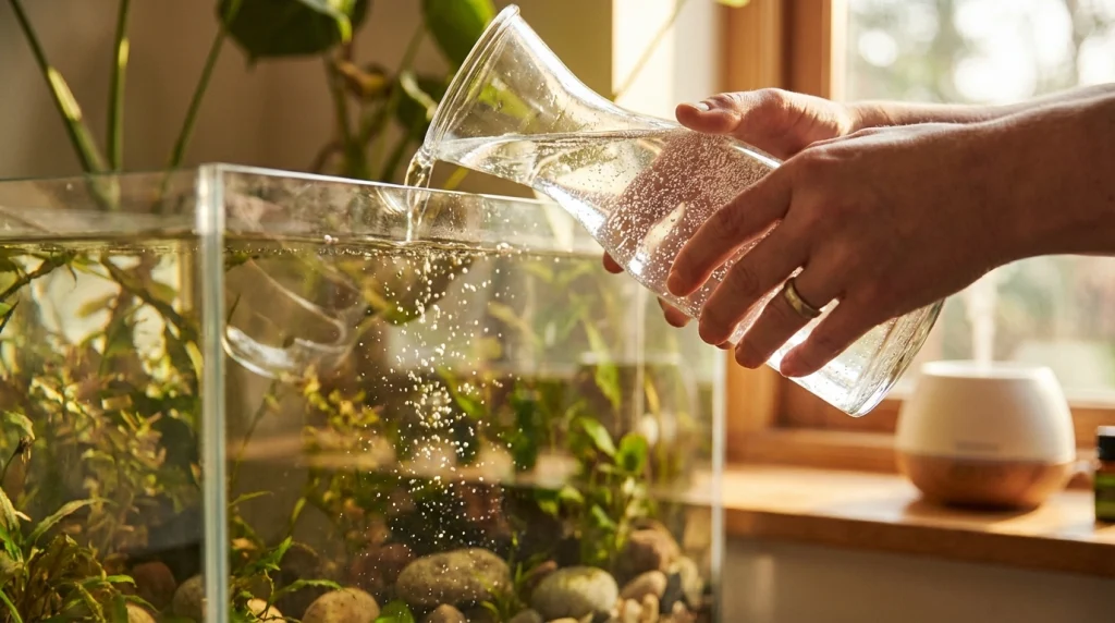 Akvaryum suyunun tazelendiği, berraklığın ve ferahlığın ön planda olduğu bir an.