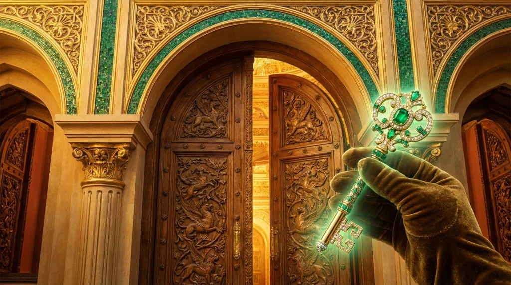 Başarıyı ve büyük kazancı simgeleyen, görkemli bir saray kapısı ve anahtarı.