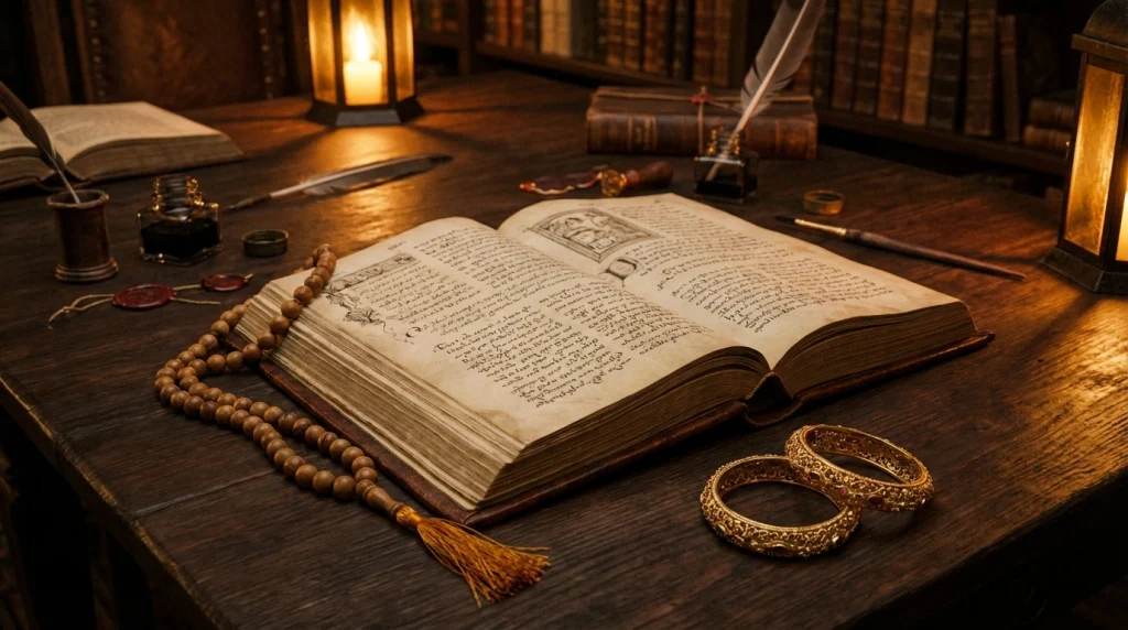 Kadim rüya tabiri kitapları, tespih ve parıldayan altın bilezik; rüyanın manevi derinliğini ve bilgelik mirasını temsil ediyor.