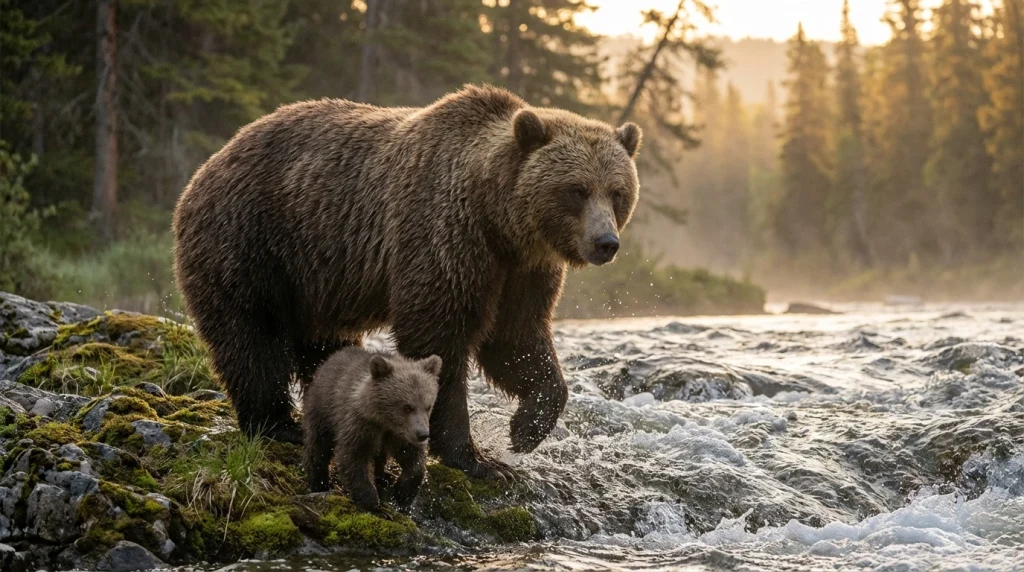 Yavrusunu koruyan devasa bir anne ayı ve yanında oyun oynayan küçük yavrusu.