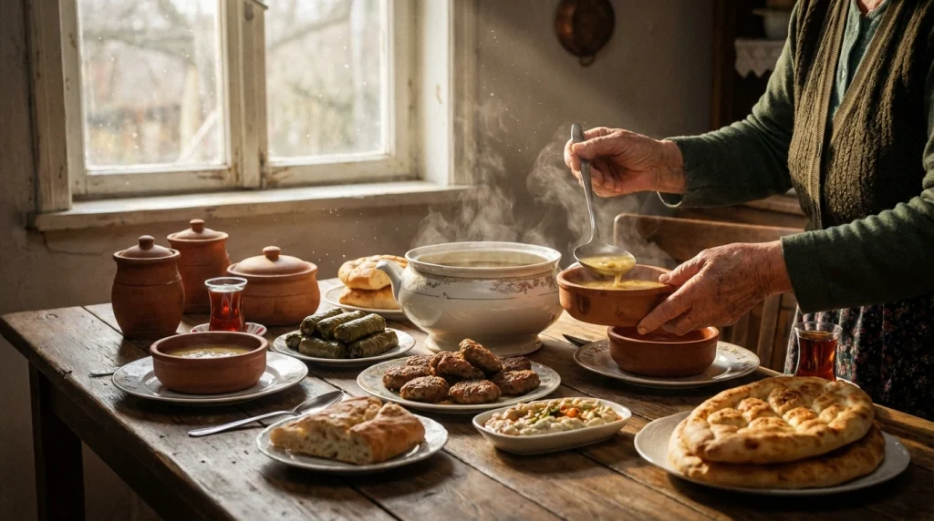 Rüyada anneannenin hazırladığı bereketli ve buharları tüten geleneksel bir köy sofrası.
