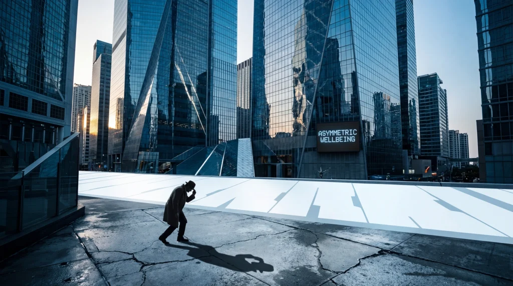 Modern gökdelenlerin ve yolların gölgesinde, bireyin içsel huzursuzluğunu ve sosyal sermaye eksikliğini temsil eden sanatsal bir çalışma.