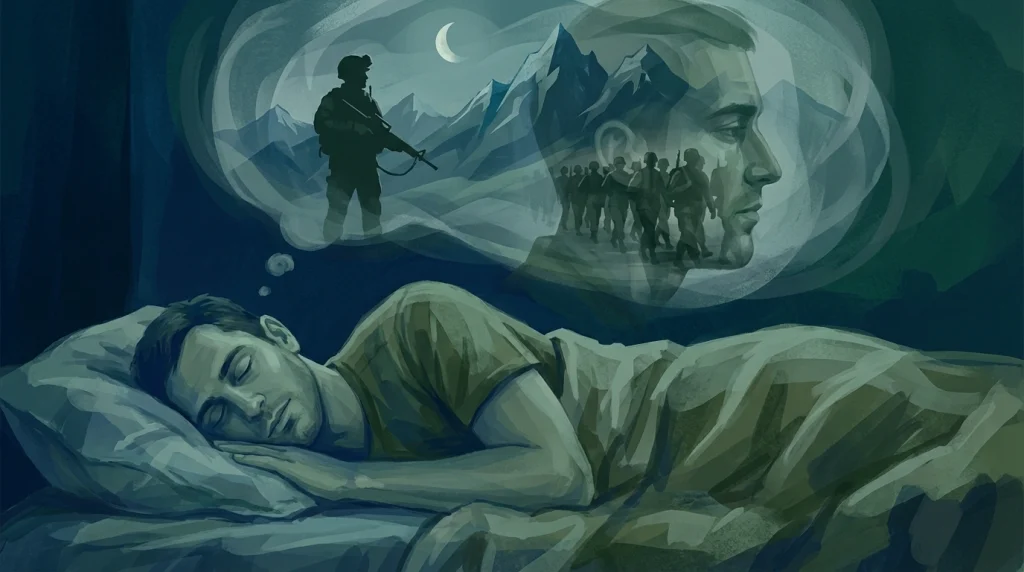 Rüyada görülen asker arkadaşının bilinçaltındaki güven ve disiplin sembolünü yansıtan sanatsal görsel.