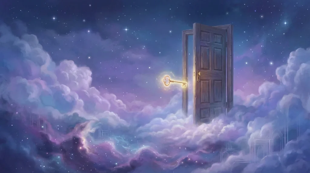 İnsanın iç dünyasını temsil eden, bulutların üzerinde duran sonsuz bir kapı.