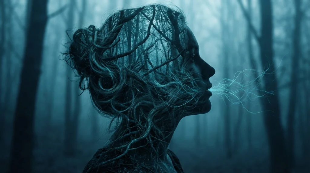 İfade edilemeyen kelimelerin ve bilinçaltındaki düğümlerin ağızdan saç olarak çıkmasını simgeleyen psikolojik görsel.