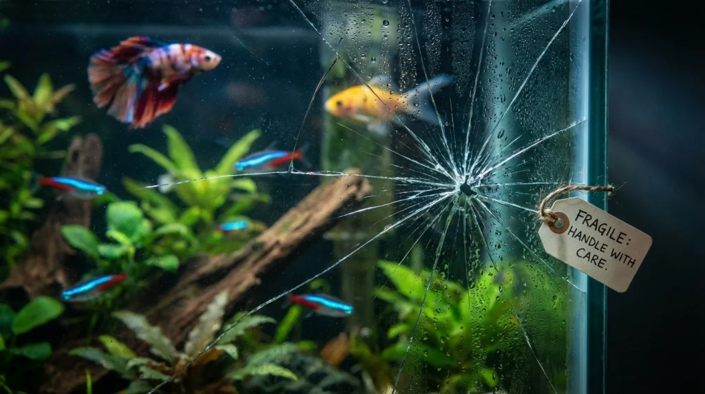 Üzerinde hafif bir çatlak olan ama hala güzelliğini koruyan bir akvaryum camı detayı.
