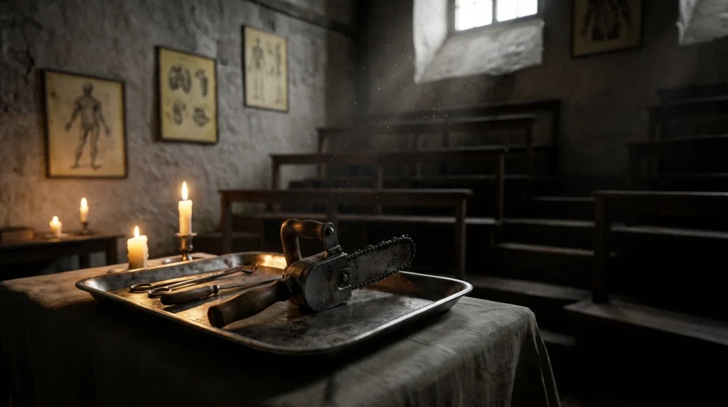 Viktorya dönemi bir ameliyathanede, metal bir tepsi üzerinde duran antik cerrahi testere ve diğer tıp aletleri
