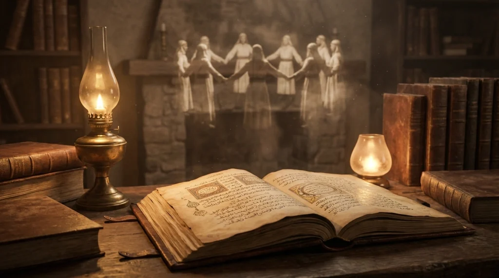 Eski bir el yazması kitap üzerinde "Aile" kavramını simgeleyen semboller ve mistik bir ışık demeti.