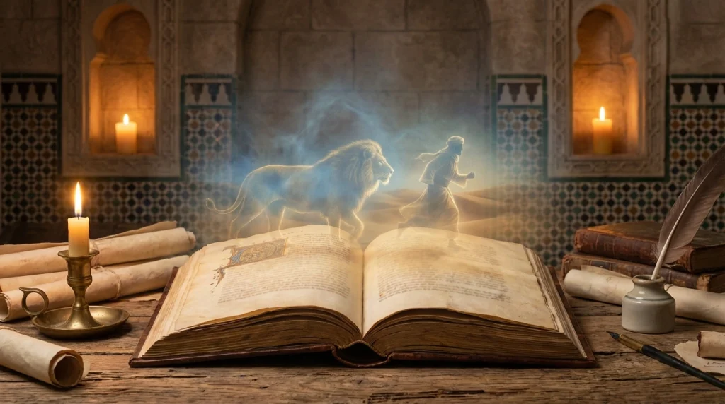 İslami rüya tabirlerini ve kadim alimlerin aslan rüyası hakkındaki derin yorumlarını yansıtan mistik görsel.