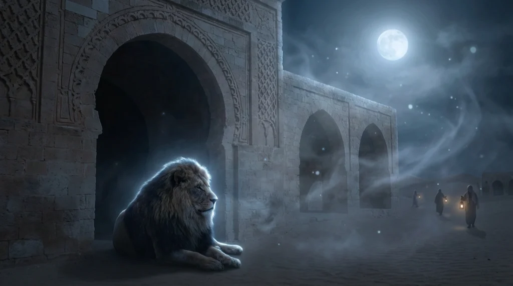 Eski bir kervansarayın girişinde, loş ışıkta sessizce oturan ve mekanı koruyan, sanki bir gölge gibi duran heybetli bir aslan silüeti.