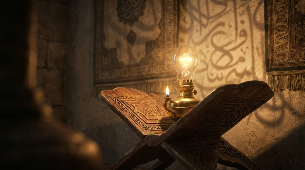 Eski, oymalı bir rahle üzerinde duran ve çevresine yumuşak, sıcak bir ışık saçan antika bir kandil veya modern bir ampul.