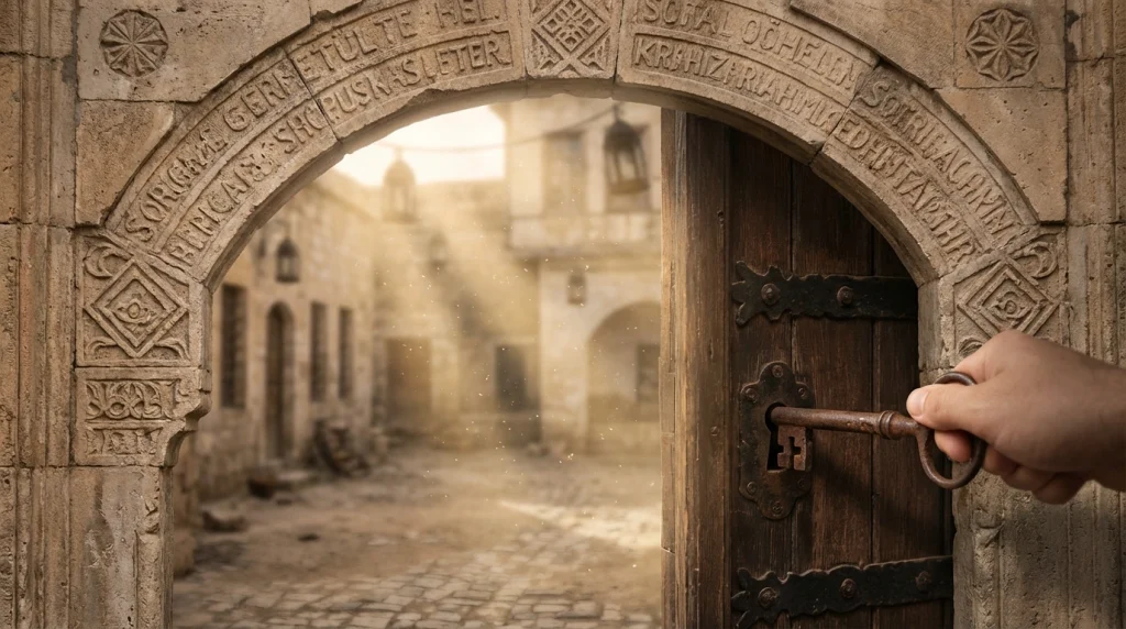 Kadim bir kütüphanede, üzerinde Arapça hat sanatı izleri olan taş bir kapı ve anahtar.