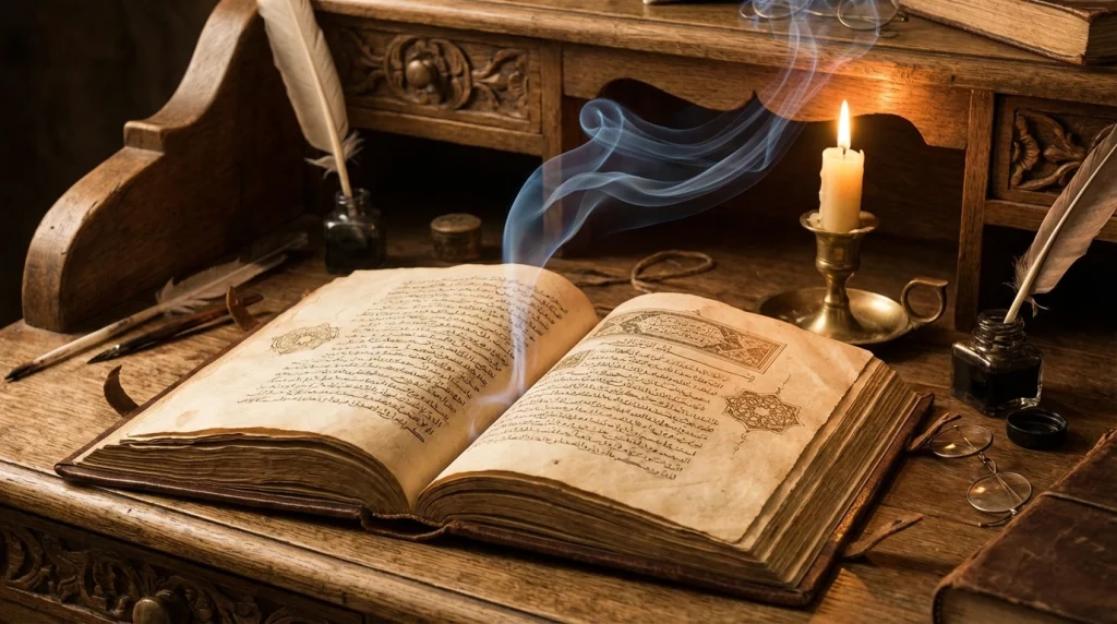 Eski yazmalar ve otantik bir atmosferde, rüyada ağızdan saç çıkmasının şifasını anlatan geleneksel bir sahne.