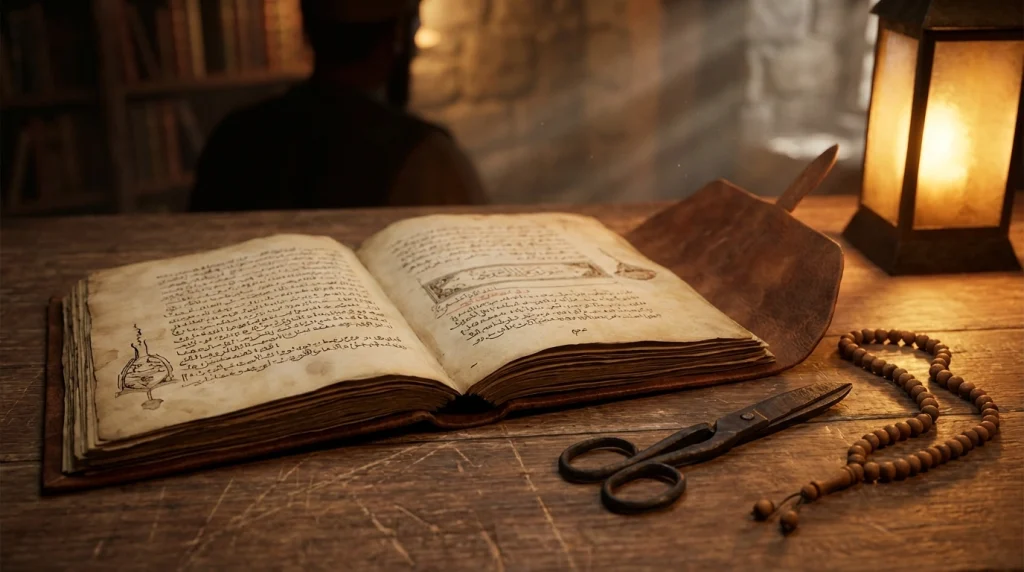 Eski rüya tabiri kitapları ve tespih eşliğinde, rüyaların dini derinliğini simgeleyen nostaljik bir kare.