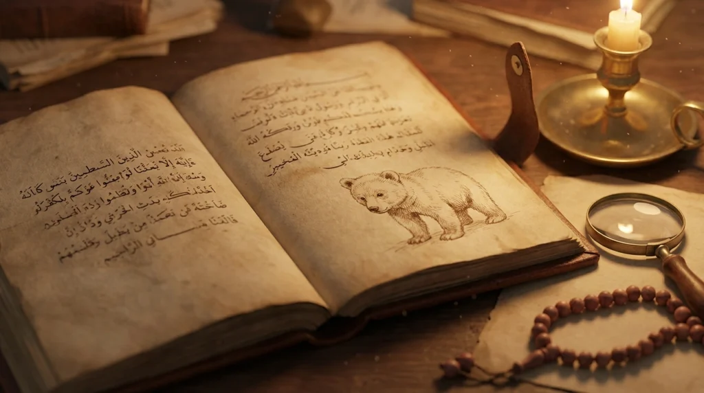 Eski bir rüya tabiri kitabının sayfasında yer alan antika ayı illüstrasyonu.