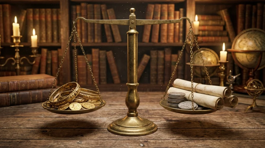 Eski bir masanın üzerinde duran bir terazi, bir kefesinde altınlar diğerinde ise eski paralar, İbn-i Sirin ve Nablusi'nin yorumlarına atıfta bulunuyor.