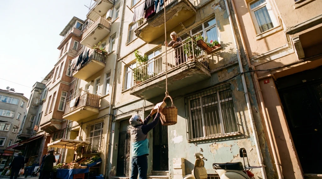 Yüksek katlı bir apartman dairesinin balkonundan, kargoyu almak için bir ip yardımıyla aşağıya sepet sarkıtılıyor. Kurye, aşağıda sepete paketi yerleştiriyor.