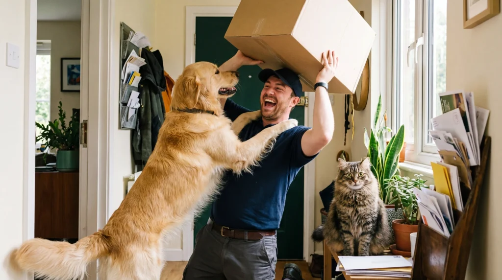 Bir kurye, kapıyı açan bir müşterinin arkasından fırlayan meraklı ve heyecanlı evcil hayvanlar (bir köpek ve bir kedi) tarafından "selamlanıyor." Kurye hafifçe gülümsüyor ama temkinli.