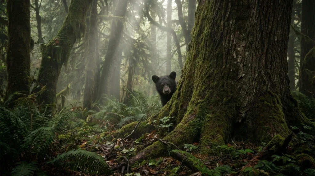 Sisli ve gizemli bir ormanın derinliklerinde ağaçların arasından bakan meraklı bir ayı yavrusu.