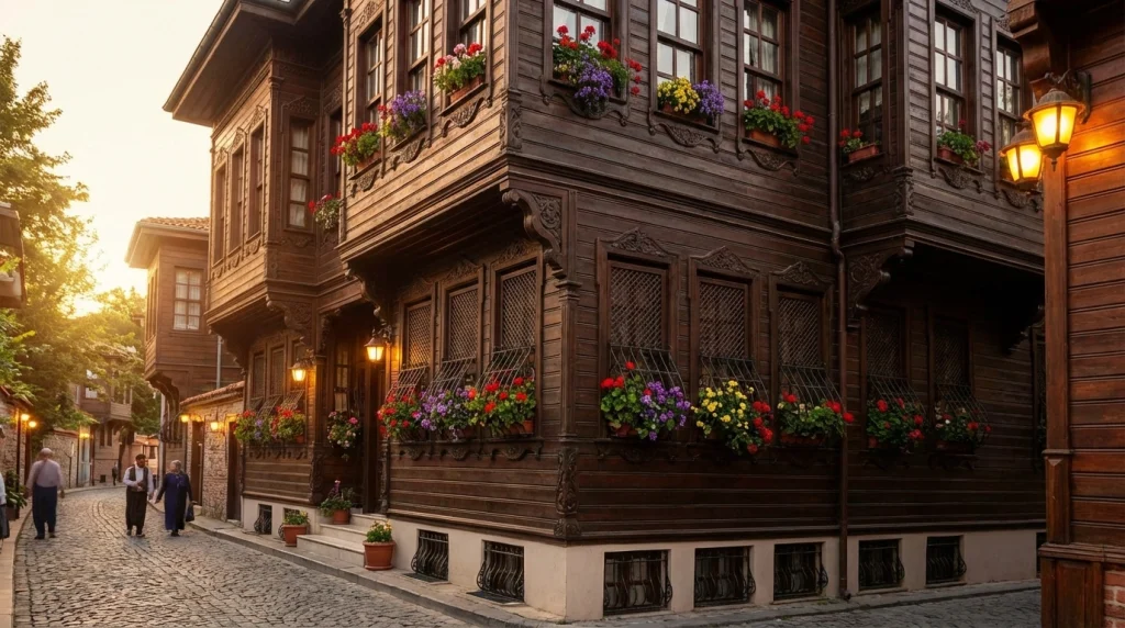 Geleneksel mimariyle inşa edilmiş, heybetli ve çiçeklerle bezeli ahşap bir Osmanlı konağı.