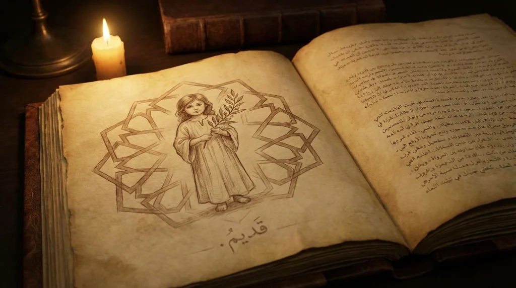 Eski bir el yazması kitabının üzerinde duran, geleneksel desenli elbiseli bir kız bebeği illüstrasyonu.