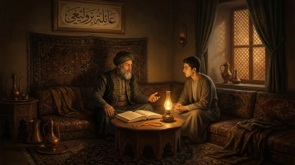 İslami rüya tabirlerine göre rüyada abiyle kavga etmenin manasını yansıtan, geleneksel bir Türk evinde huzurlu bir sahne.