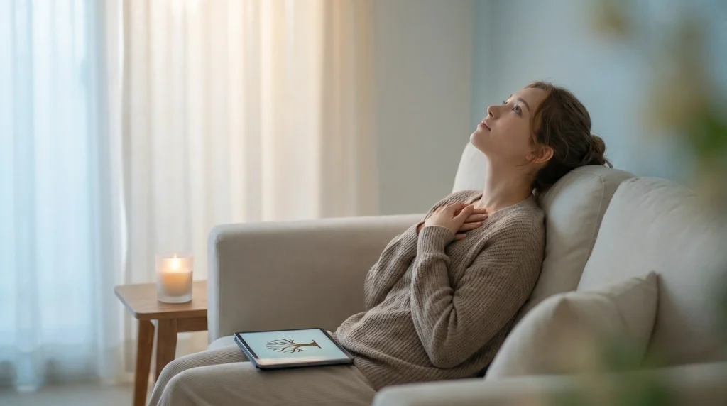 Rüyasının yorumunu okuyan ve rahatlayan bir kişinin, huzur içinde kalbini dinlemesi.