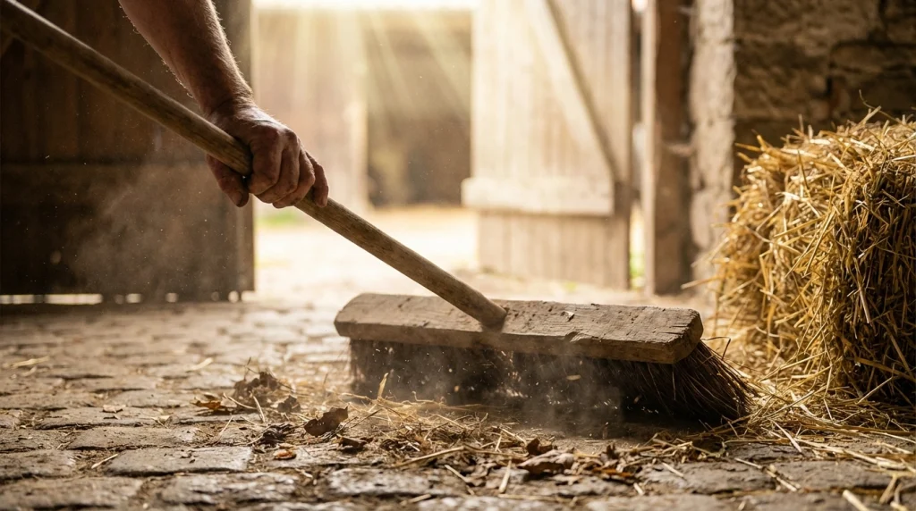 Rüyada ahırı süpürerek temizleyen bir el, içsel temizliği ve geçmişin yüklerini atmayı simgeler.