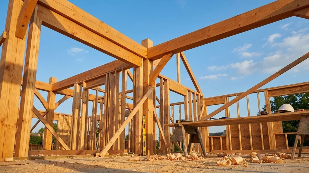 Yeni inşa edilen bir ahşap evin iskeleti ve üzerinde çalışan ışık huzmeleri.