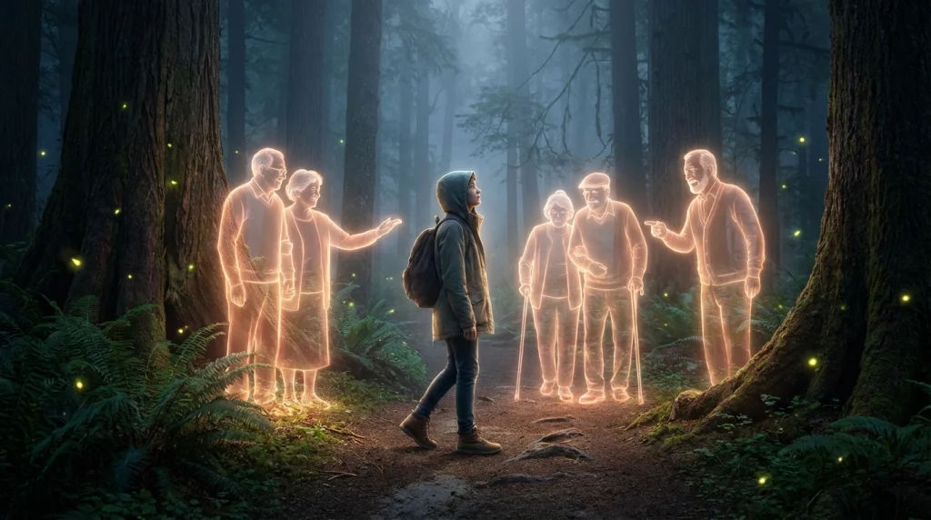 Işıktan oluşan figürlerin bir genci korur gibi etrafını sardığı, manevi destek ve güven hissi veren ruhani bir görsel.