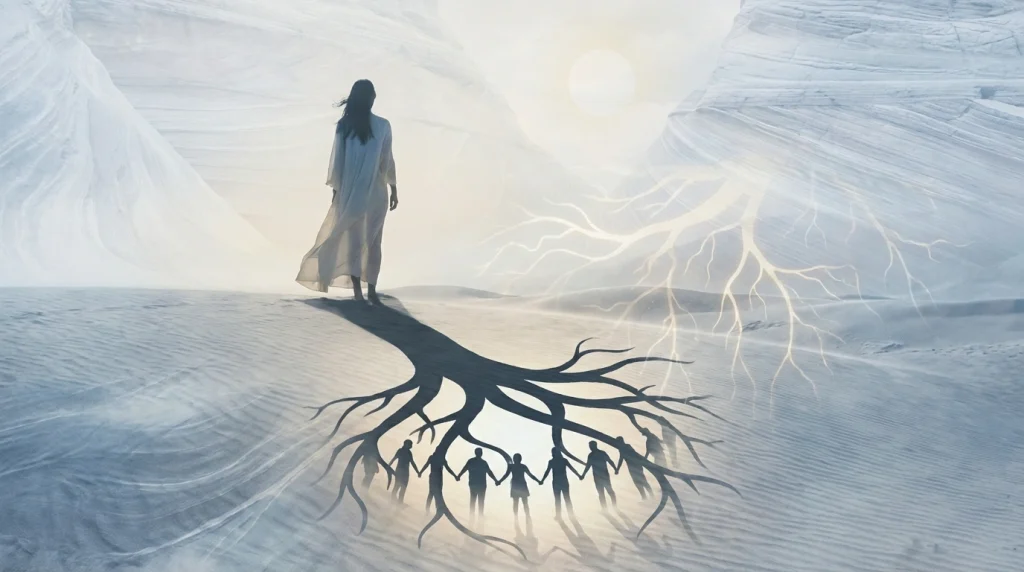 Bir kişinin silüeti ve arkasında ağaç dalları gibi uzanan aile fertlerinin gölgeleri; aidiyet ve kökleri simgeleyen sanatsal çalışma.