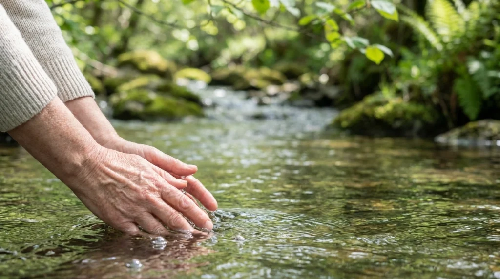 Berrak bir akarsuda ellerini yıkayan kişi.