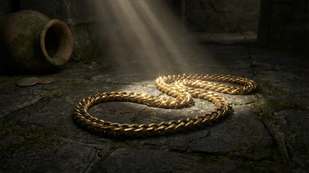 Toprak veya antik bir zemin üzerinde parıldayan, şans ve mirası temsil eden altın zincir görseli.