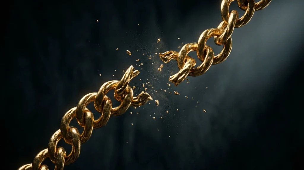 Havada kopan bir altın zincirin halkaları; borçlardan kurtulmayı veya bağların kopmasını simgeleyen dramatik görsel.