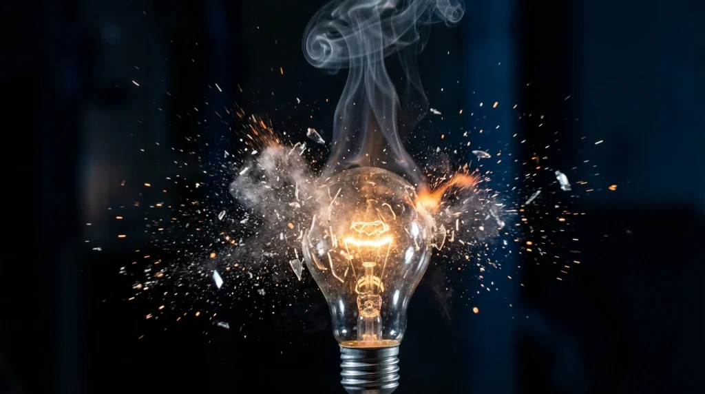 Aniden patlayan bir ampulün etrafına saçılan cam parçacıkları ve o anın yarattığı karanlık ve şok etkisi.