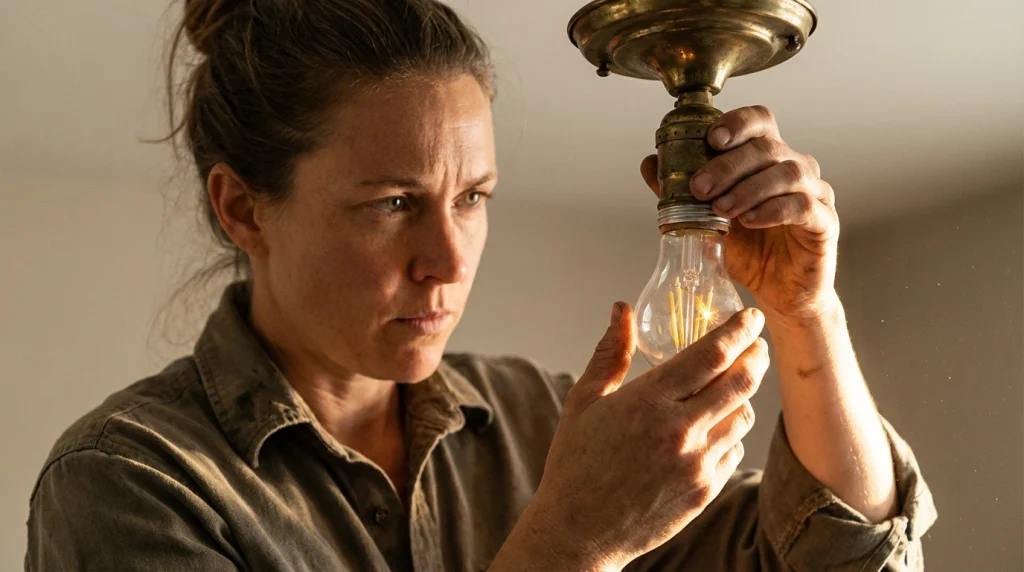 Bir kadının, karanlık ve eski bir tavan armatürüne yeni ve parlak bir ampulü dikkatle takarken yüzündeki kararlı ifade.
