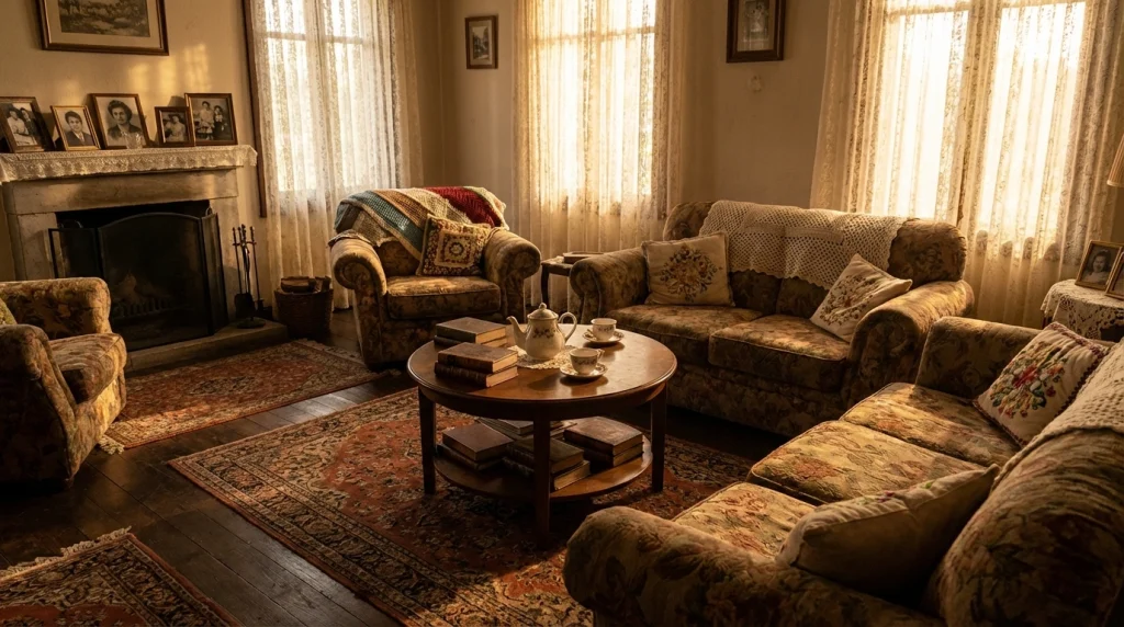 Güneş ışığının pencerelerinden süzüldüğü, dantel örtülü, nostaljik ve huzurlu bir anne evi salonu.
