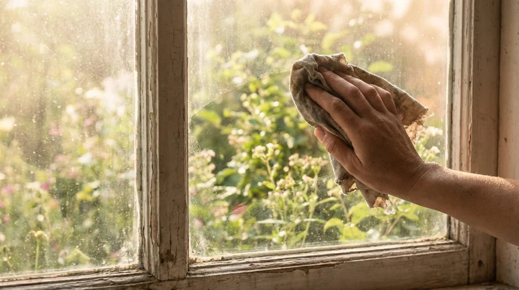 Rüyada tozlu bir camı silerken dışarıdaki baharı gören bir el; arınmayı ve ferahlığı simgeleyen detay çekim.