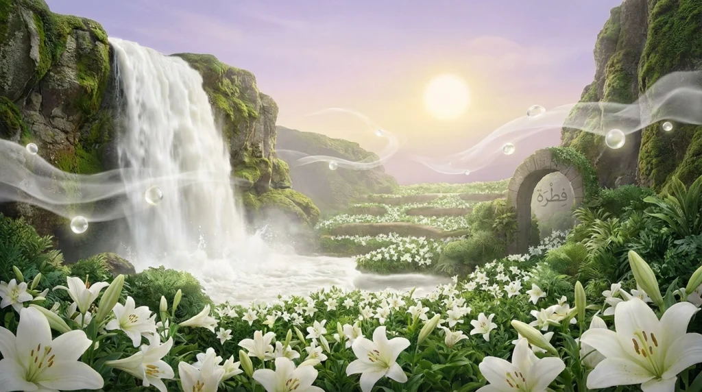 Beyaz bir süt şelalesinin yemyeşil bir doğaya hayat verdiği, saflığı ve doğallığı temsil eden sürreal kare.