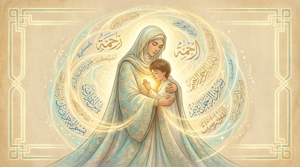 Kadim rüya tabirlerine göre anne şefkatinin ilahi rahmetle buluşmasını simgeleyen mistik görsel.