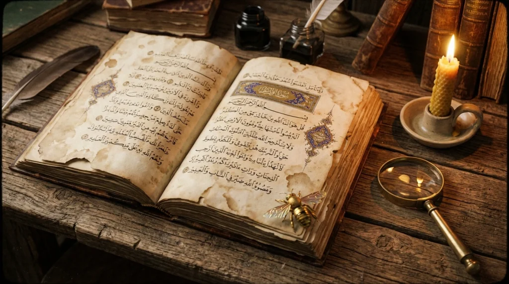 Eski bir rüya tabiri kitabı ve üzerinde dolaşan altın bir arı; manevi ve kadim bilgileri simgeler.