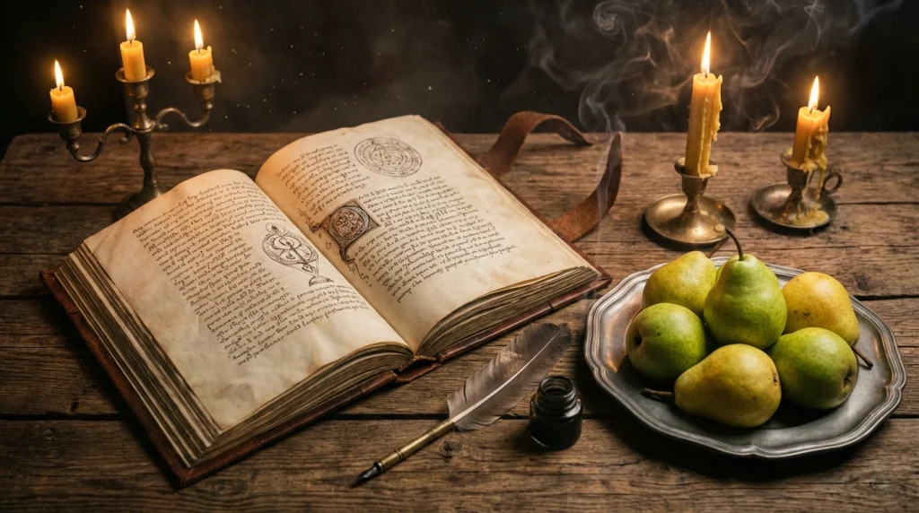 Kadim rüya tabiri kitapları ve yanında duran olgun armutlar; geleneksel İslami yorumları simgeler.