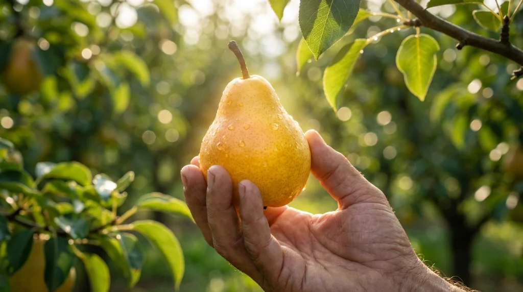 Rüyada taze ve sulu bir armut yemenin bolluk ve bereket anlamını simgeleyen estetik illüstrasyon.