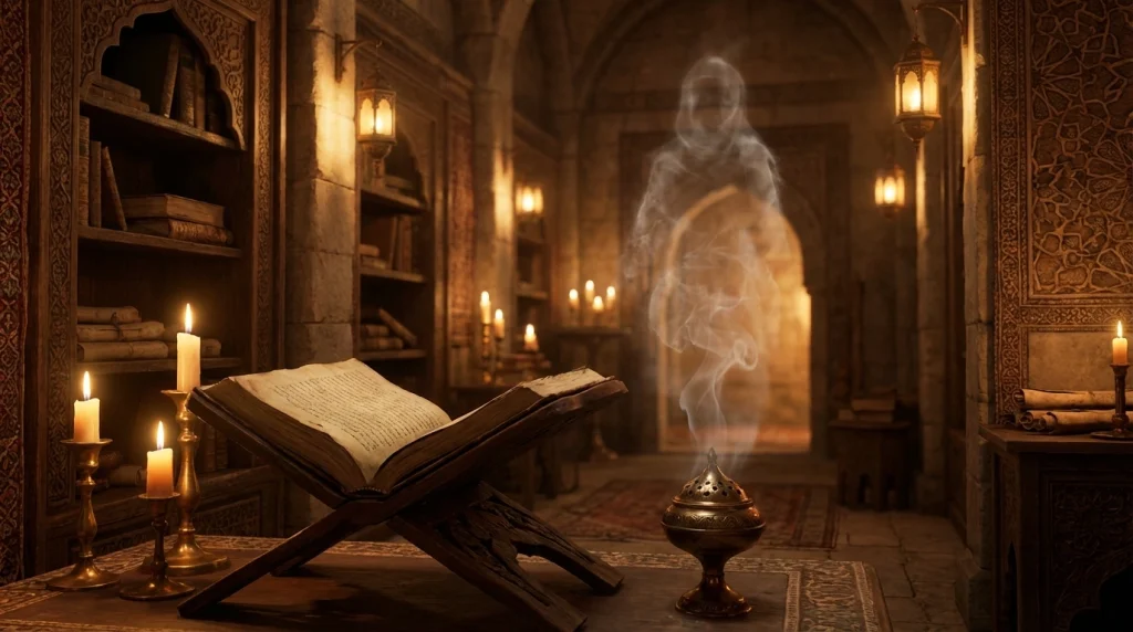 Eski bir rahle üzerinde açık duran bir kitap ve rüya tabirlerini simgeleyen mistik bir kütüphane ortamı.