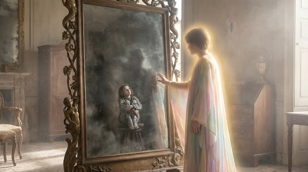 Aynaya bakan bir kişinin yansımasında kendini daha küçük veya üzgün gördüğü psikolojik temalı görsel.